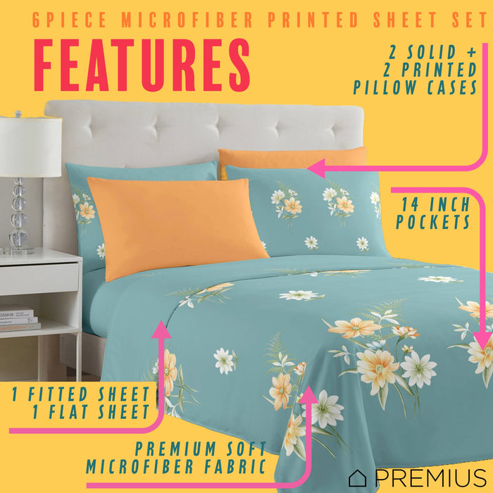 PREMIUS Lucea Soft Wrinkle-Free Microfiber Sheet Set, Soft Blue-Orange