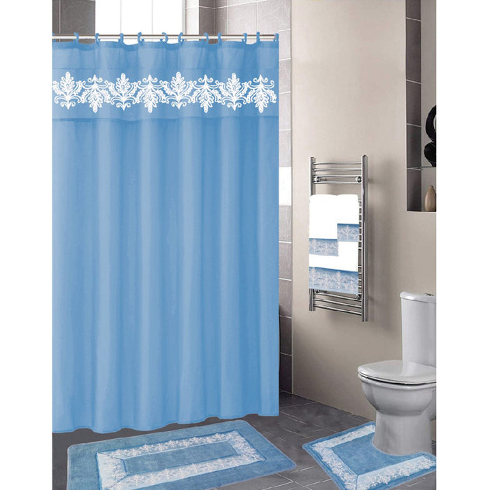 Kira Embroidery Shower Curtain and Towel Set, 18 Pieces