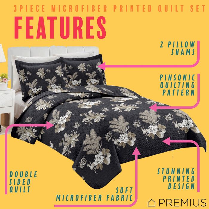 PREMIUS Mia 3 Piece Microfiber Wrinkle-Free Quilt Set, Black-Taupe