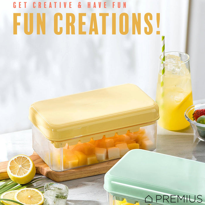 PREMIUS 2 Tray Ice Cube Tray with Container and Scoop, Yellow-Clear