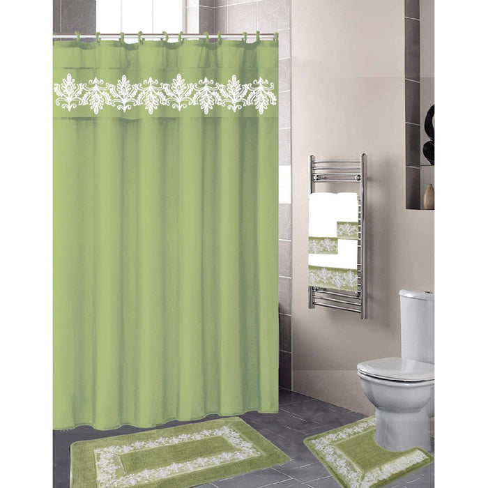 Kira Embroidery Shower Curtain and Towel Set, 18 Pieces