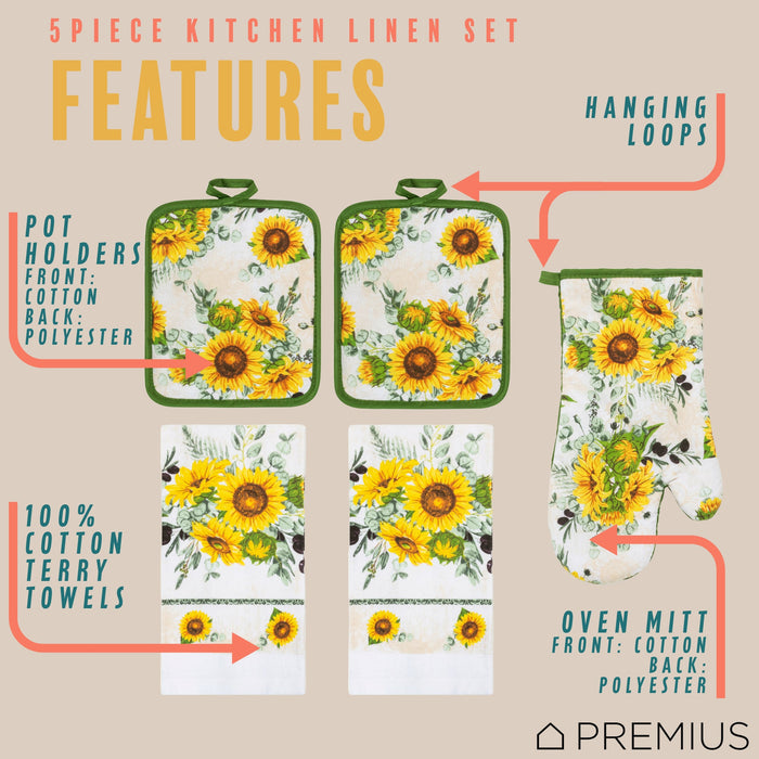 PREMIUS 5 Piece Printed Kitchen Linen Set, 2 Cotton Towels, 2 Pot Holders, 1 Oven Mitt