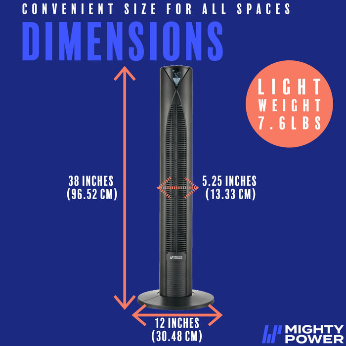 MIGHTY POWER 3 Speed LED Tower Fan With Remote Control, Timer, Night Mode, Black, 38 Inches