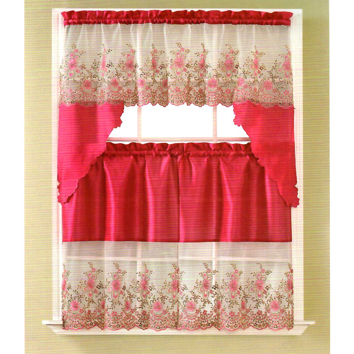 Irina Floral Sequins Kitchen Curtain Set, Swag Valance 60x36, 30x36 Inches