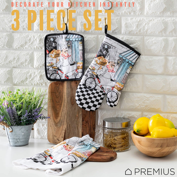 PREMIUS 3 Piece Printed Kitchen Linen Set, 1 Cotton Towel, 1 Pot Holder, 1 Oven Mitt