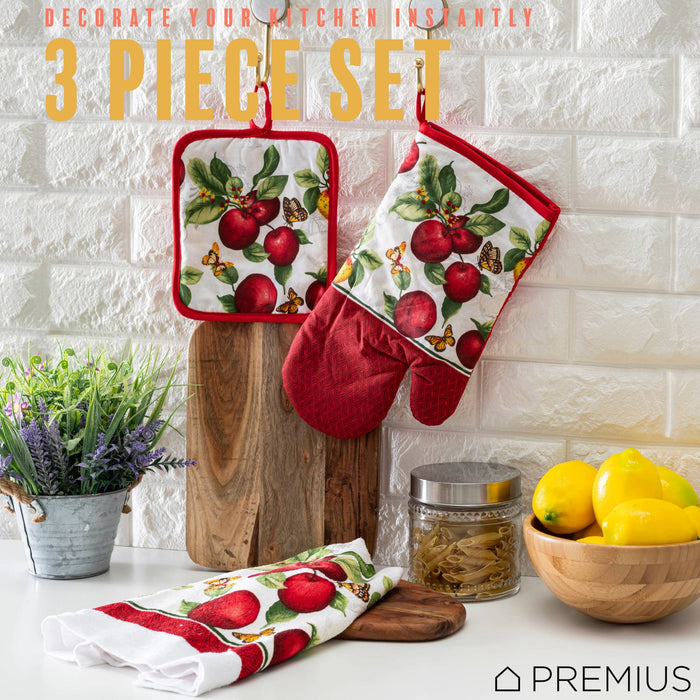 PREMIUS 3 Piece Printed Kitchen Linen Set, 1 Cotton Towel, 1 Pot Holder, 1 Oven Mitt