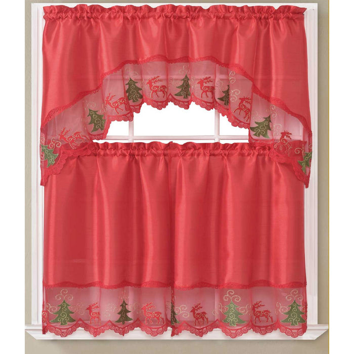 Jovie  Christmas Tree Kitchen Curtain Set with Fringes, Red, Swag Valance 60x36, Tiers 30x36 Inches