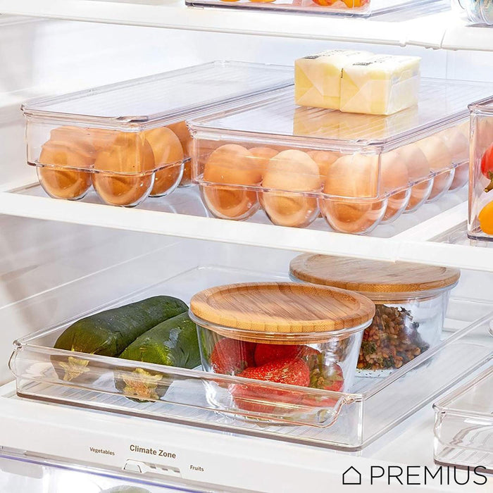 PREMIUS Stackable 18 Egg Holder Fridge Bin With Lid, Clear, 12.75x6.4x3.25 Inches