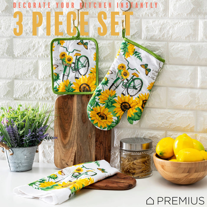 PREMIUS 3 Piece Printed Kitchen Linen Set, 1 Cotton Towel, 1 Pot Holder, 1 Oven Mitt