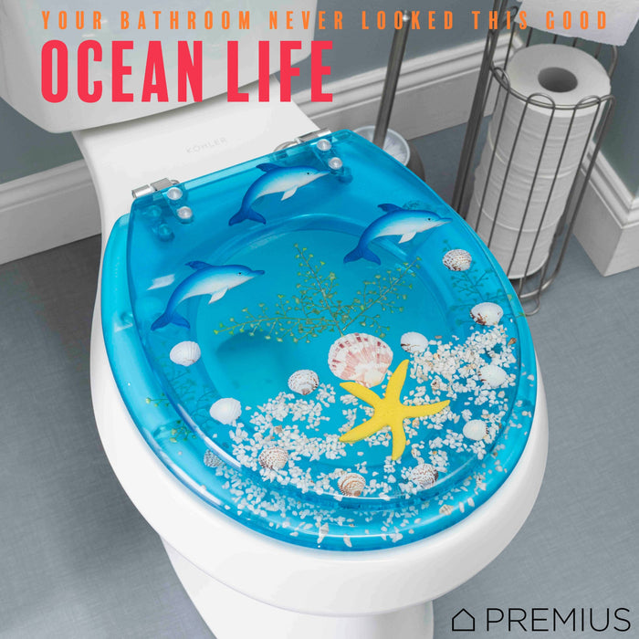 PREMIUS Polyresin Ocean Life Dolphins Toilet Seat, Clear-Blue, Standard Round, 17 Inches