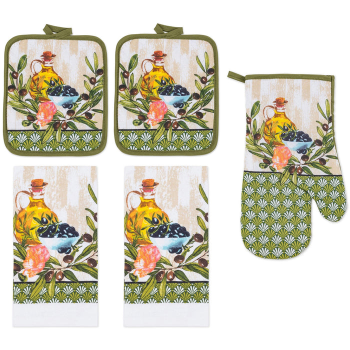 PREMIUS 5 Piece Printed Kitchen Linen Set, 2 Cotton Towels, 2 Pot Holders, 1 Oven Mitt