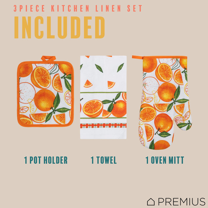 PREMIUS 3 Piece Printed Kitchen Linen Set, 1 Cotton Towel, 1 Pot Holder, 1 Oven Mitt