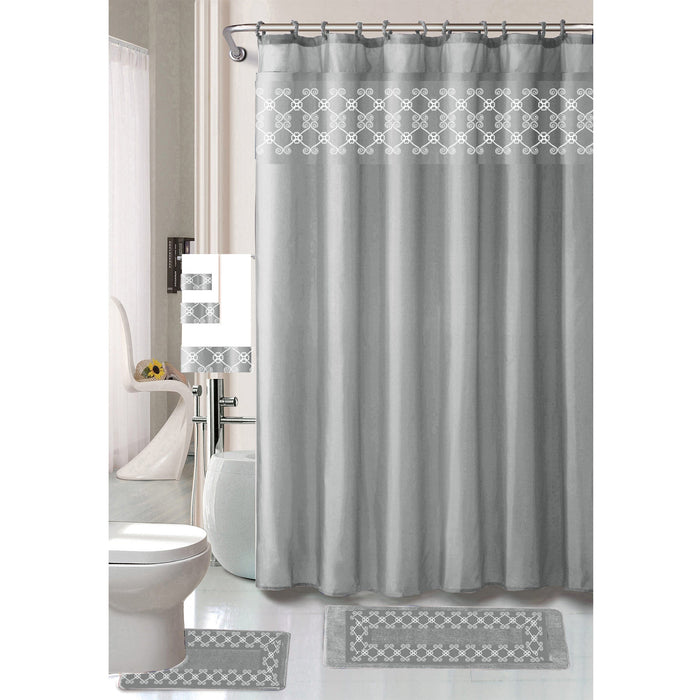 Tristan 18 Piece Shower Curtain with Embroidered Non-Slip Bath Rug and Towel Set