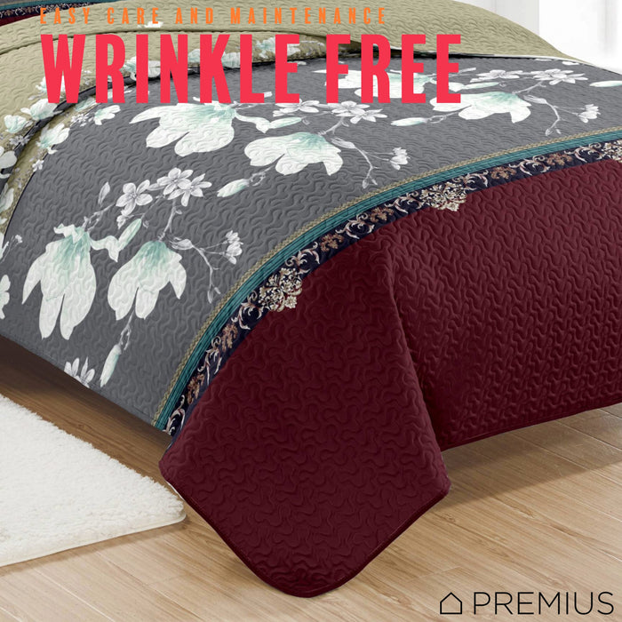 PREMIUS Scarlett 3 Piece Microfiber Wrinkle-Free Quilt Set, Brick-Gray-Beige