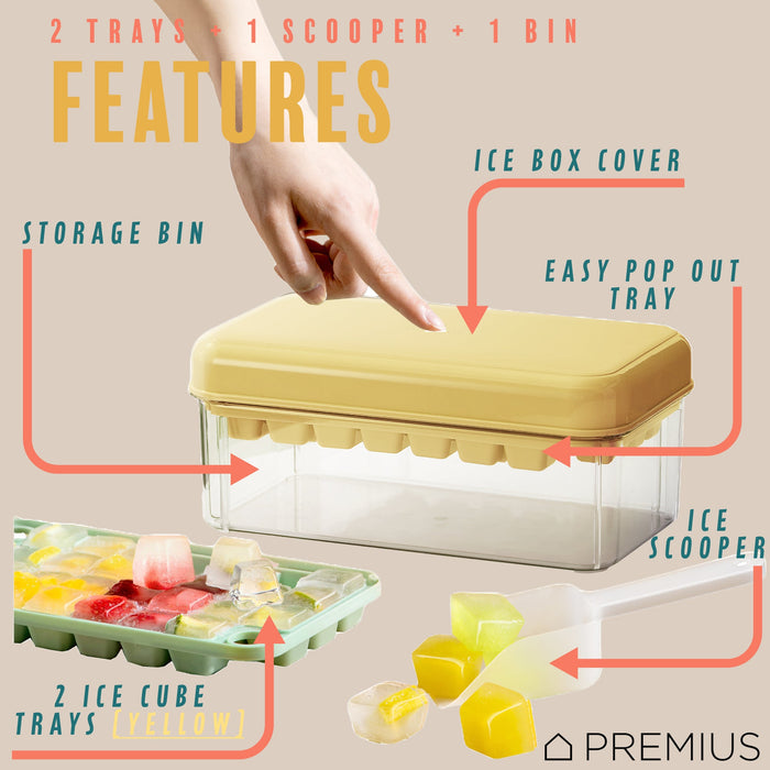 PREMIUS 2 Tray Ice Cube Tray with Container and Scoop, Yellow-Clear