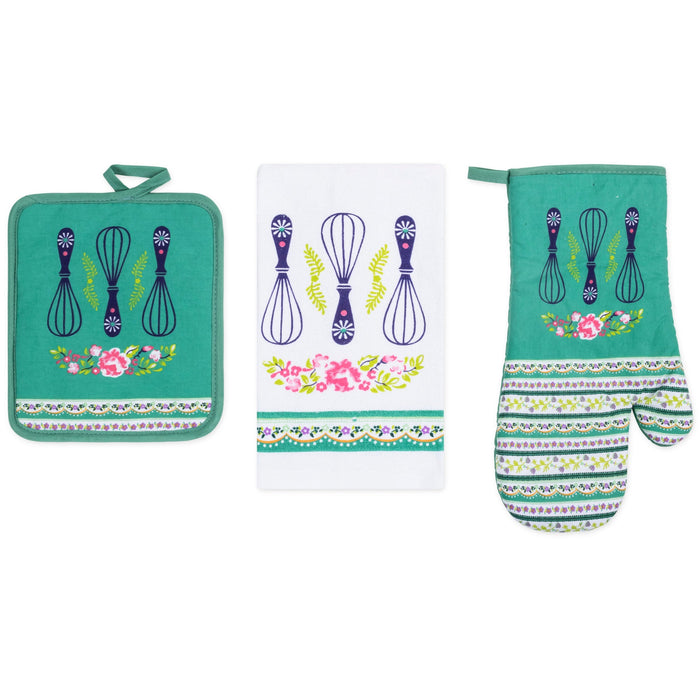 PREMIUS 3 Piece Printed Kitchen Linen Set, 1 Cotton Towel, 1 Pot Holder, 1 Oven Mitt