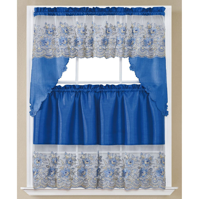 Phoebe Sequin Embroidered Kitchen Curtain Set, Swag 60x36, Tiers 30x36 Inches