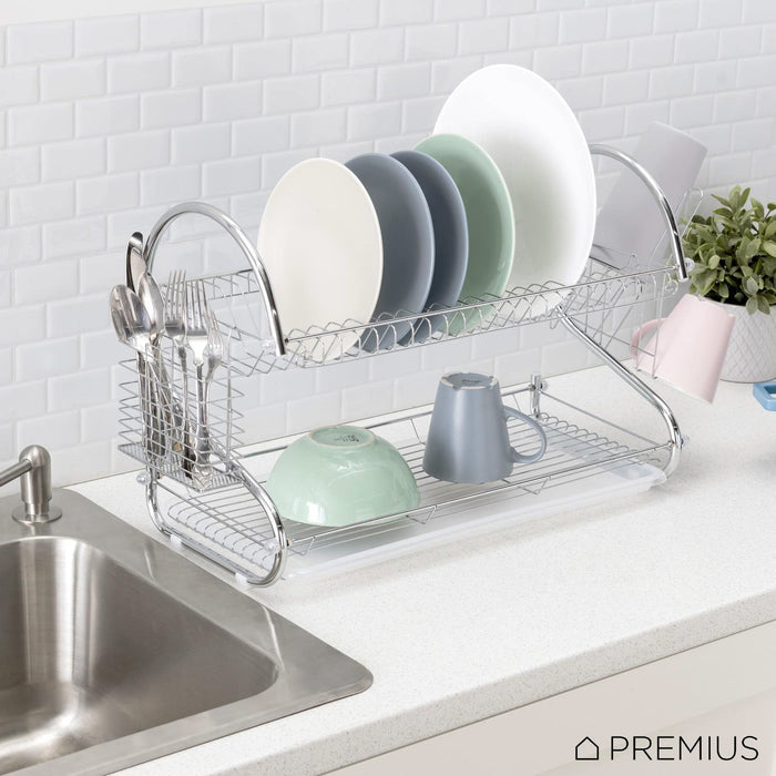 Premius 2-Tier S-Shape Dish Rack With Drainage Tray and Cutlery Holder, Chrome, 22x9.75x15 Inches