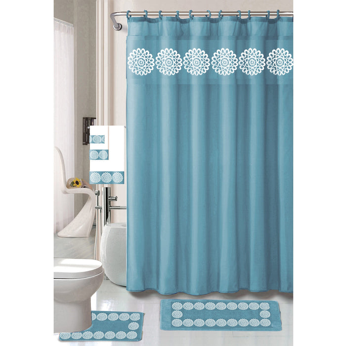 Cynthia 18 Piece Shower Curtain with Embroidered Non-Slip Bath Rug and Towel Set