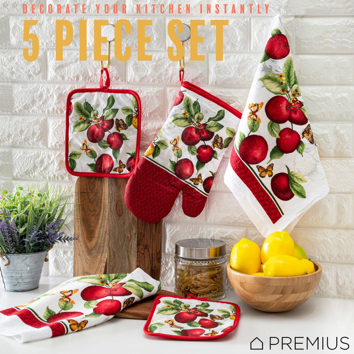 PREMIUS 5 Piece Printed Kitchen Linen Set, 2 Cotton Towels, 2 Pot Holders, 1 Oven Mitt