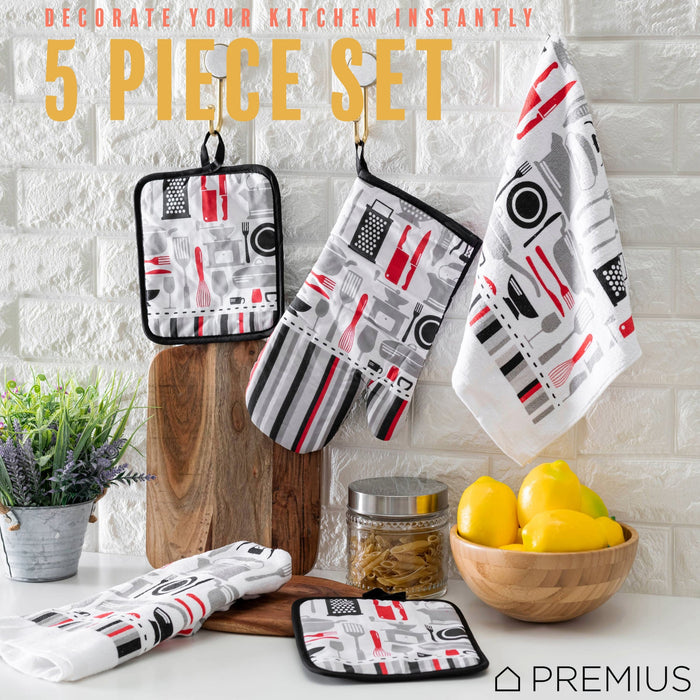 PREMIUS 5 Piece Printed Kitchen Linen Set, 2 Cotton Towels, 2 Pot Holders, 1 Oven Mitt