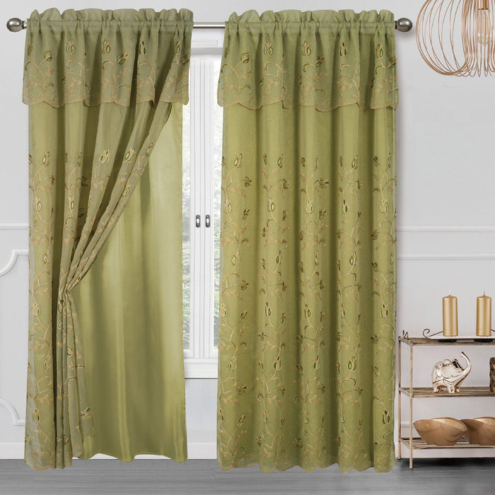 Cecilia Floral Embroidery Window Panel With Valance and Backing, 54x84 Inches