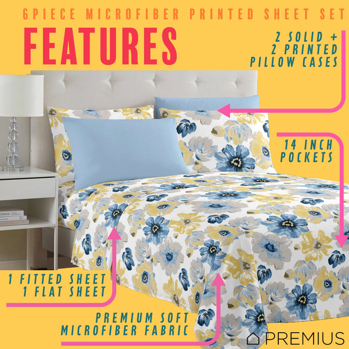 PREMIUS Eliana Soft Wrinkle-Free Microfiber Sheet Set, Blue-Yellow