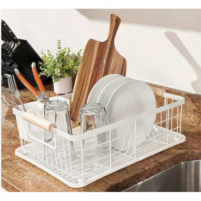 Premius 3 Piece Dish Rack With Bamboo Handles, White, 16.9x12.6x4.3 Inches