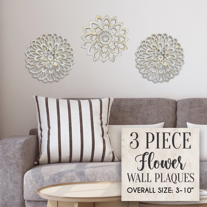 PREMIUS 3 Piece Floral Plaque Wall Decor Set, White, 10 Inches