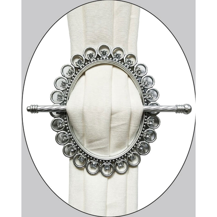 Premius Oval With Diamond Decorative One Pair Curtain Tie Back, Silver, 7x6 Inches