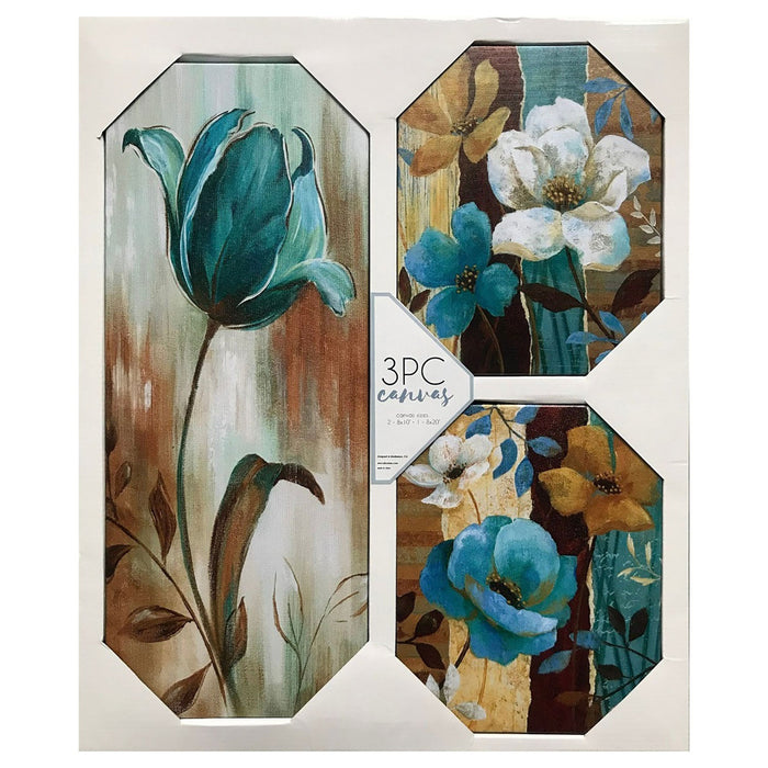 Premius 3-Piece Floral Canvas Wall Art, Blue-Brown, 23x19 Inches Overall