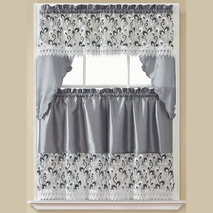 Claudia 3-Piece Embroidery Kitchen Curtain Tier and Swag Set, Silver, 60x36 Inches