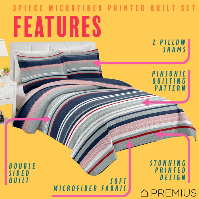 PREMIUS Mateo 3 Piece Microfiber Wrinkle-Free Quilt Set, Blue-Multi-Striped