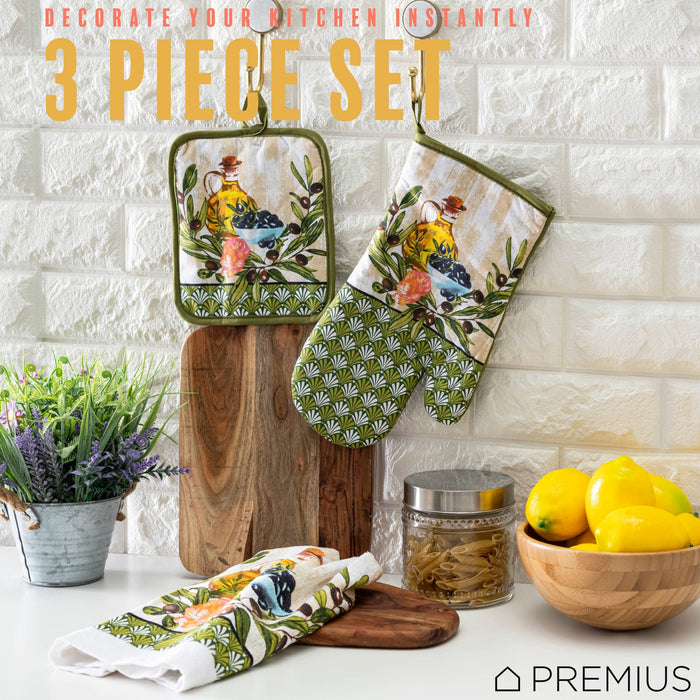 PREMIUS 3 Piece Printed Kitchen Linen Set, 1 Cotton Towel, 1 Pot Holder, 1 Oven Mitt