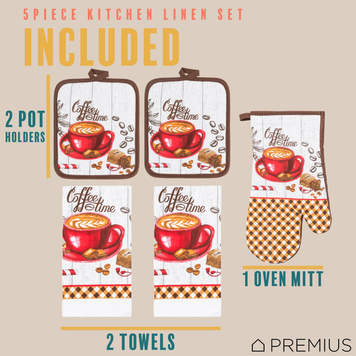 PREMIUS 5 Piece Printed Kitchen Linen Set, 2 Cotton Towels, 2 Pot Holders, 1 Oven Mitt