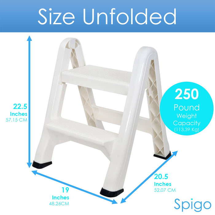 Spigo Heavy Duty 2-Tier Folding Step Stool Ladder, White, 22.5x20.5x19 Inches