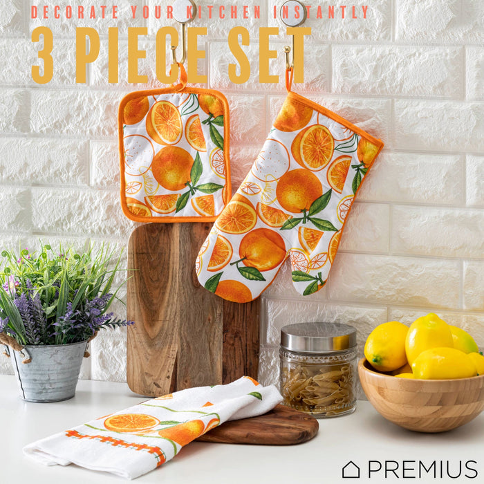 PREMIUS 3 Piece Printed Kitchen Linen Set, 1 Cotton Towel, 1 Pot Holder, 1 Oven Mitt