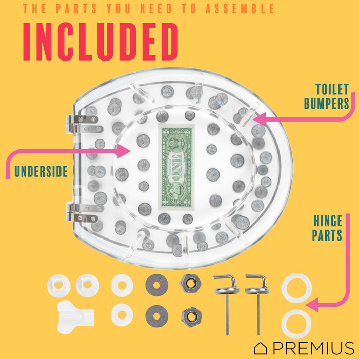 PREMIUS Polyresin Dollar Bill & Coins Money Toilet Seat, Clear, Standard Round, 17 Inches