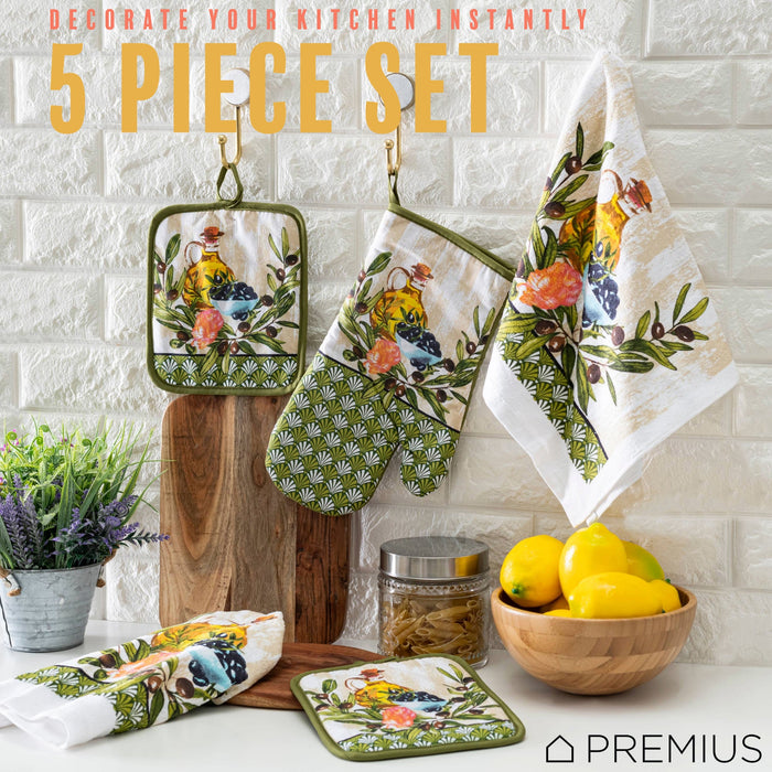 PREMIUS 5 Piece Printed Kitchen Linen Set, 2 Cotton Towels, 2 Pot Holders, 1 Oven Mitt