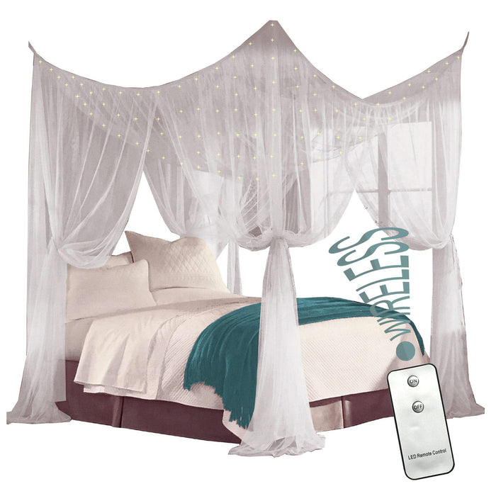 Just Relax Four Corner Post Bed Canopy Set With LED Lights and Remote, White, Full-Queen-King