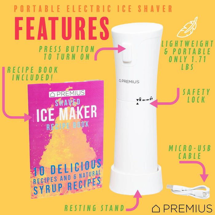 PREMIUS Rechargeable Cordless Hawaiian Shaved Ice Maker, Snow Cone Machine, White