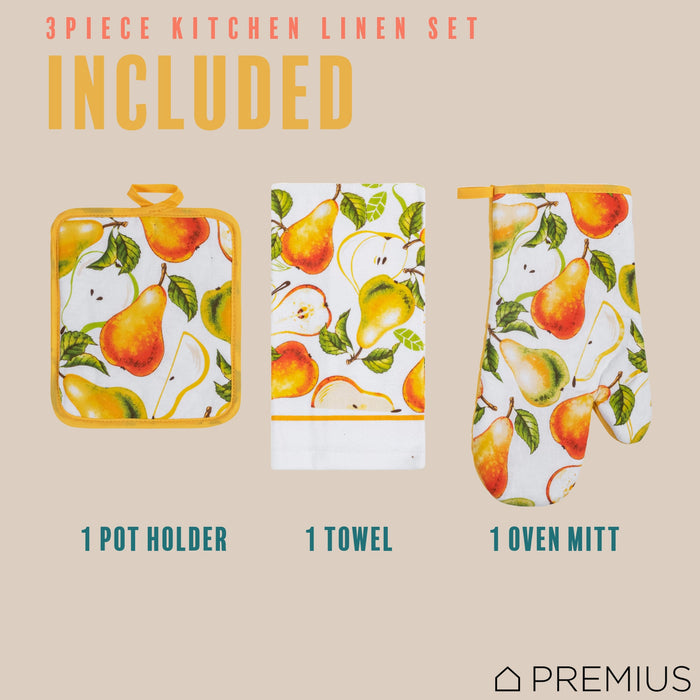 PREMIUS 3 Piece Printed Kitchen Linen Set, 1 Cotton Towel, 1 Pot Holder, 1 Oven Mitt