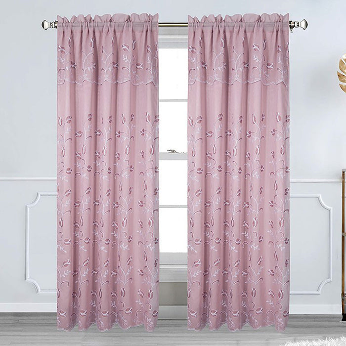 Cecilia Floral Embroidery Window Panel With Valance and Backing, 54x84 Inches