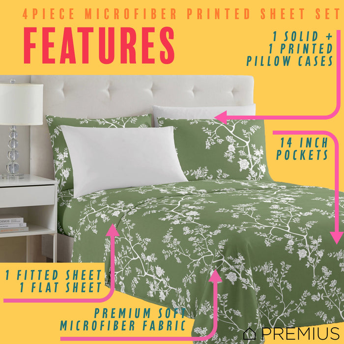 PREMIUS Fernando Soft Wrinkle-Free Microfiber Sheet Set, Green-White