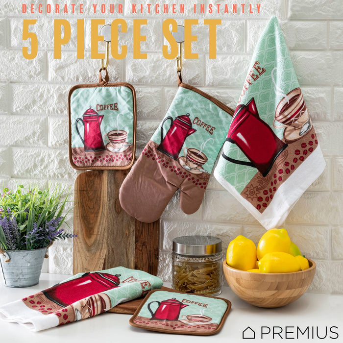 PREMIUS 5 Piece Printed Kitchen Linen Set, 2 Cotton Towels, 2 Pot Holders, 1 Oven Mitt