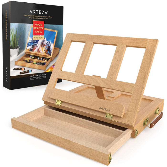 ARTEZA Portable Tabletop Easel Box with 2-Compartment Drawer and Wooden Palette, 13.38x10.25x2 Inches