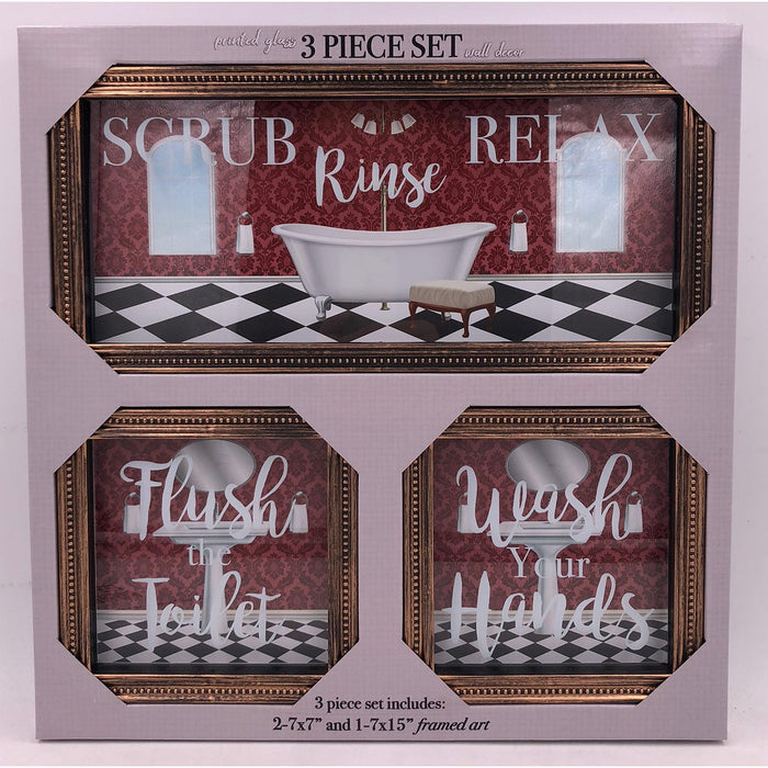 Premius 3 Piece Scrub-Rinse-Relax Bathroom Art, 15x7, 7x7 Inches