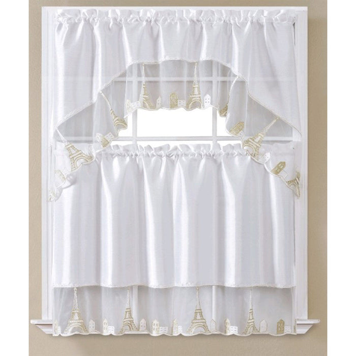 Paris Embroidered Kitchen Curtain Set, Swag 60x36, 30x36 Inches