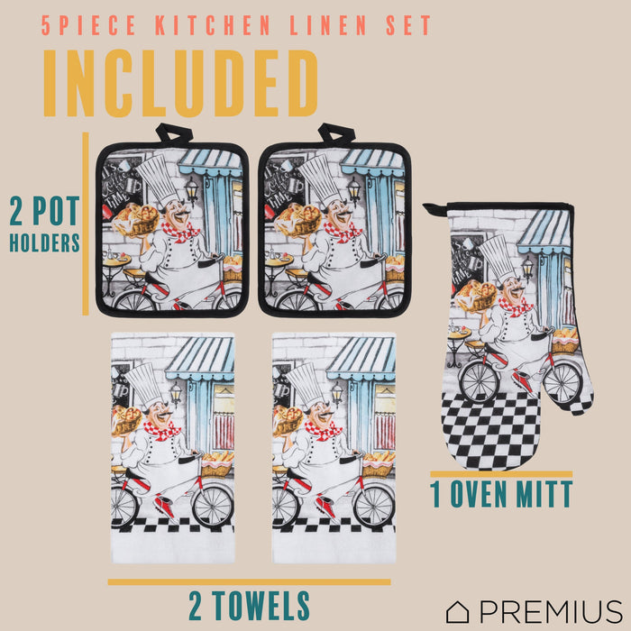 PREMIUS 5 Piece Printed Kitchen Linen Set, 2 Cotton Towels, 2 Pot Holders, 1 Oven Mitt