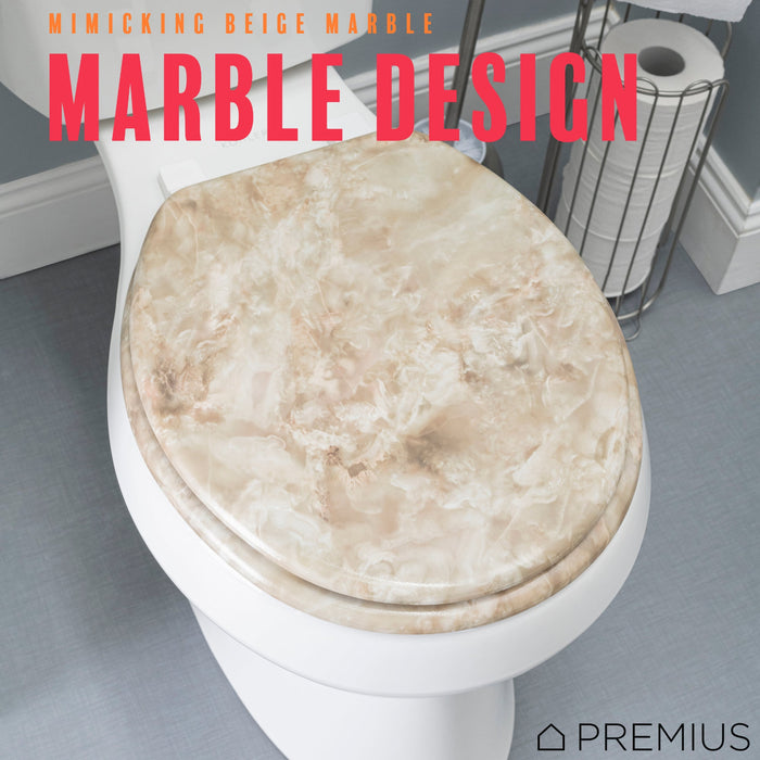 PREMIUS Wood Toilet Seat, Beige Marble, Standard Round, 17 Inches